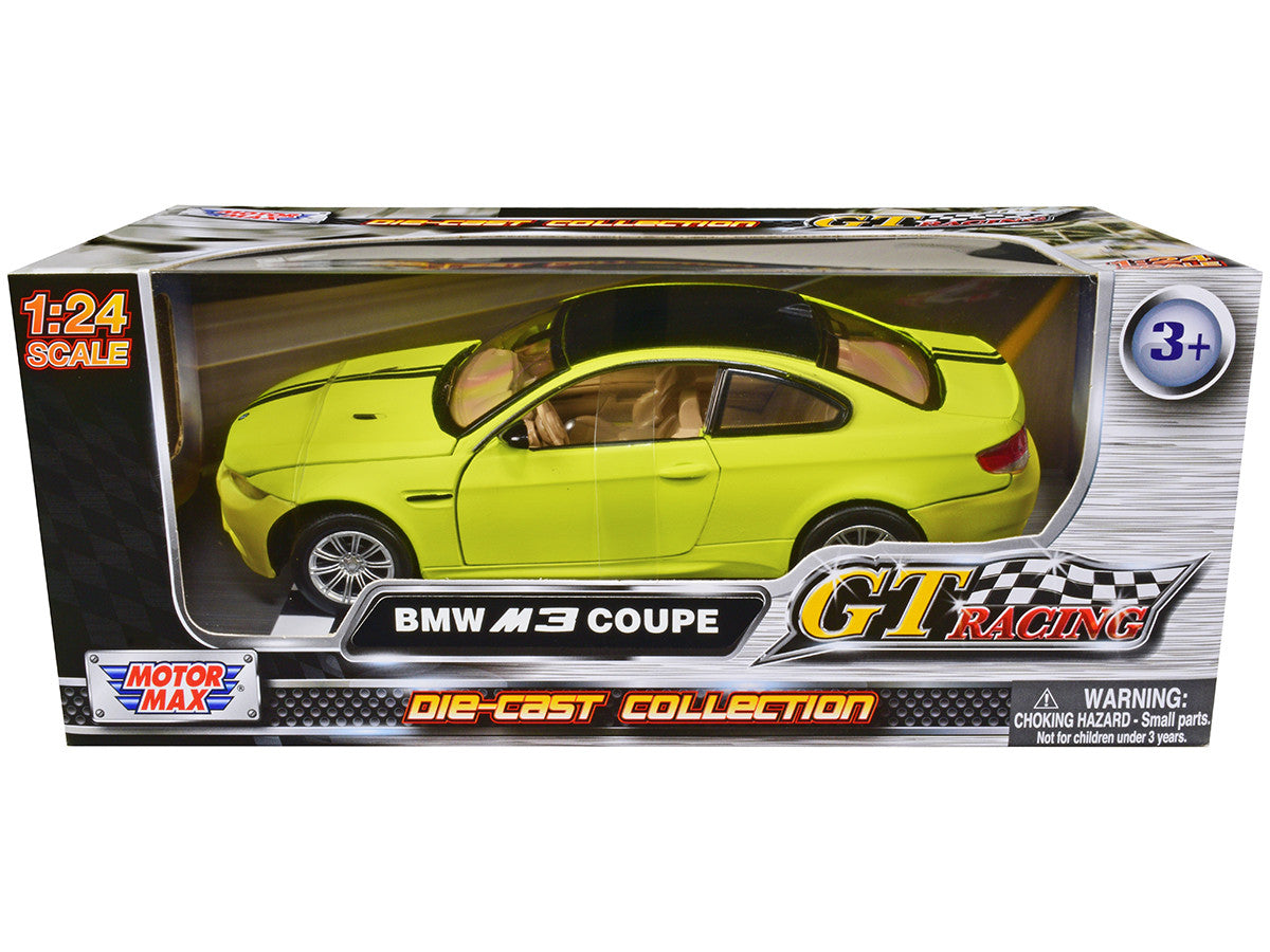 BMW M3 Coupe Neon Yellow with Matt Black Top and Stripes "GT Racing" Series 1/24 Diecast Model Car by Motormax LuxuryLifeWay Online Store
