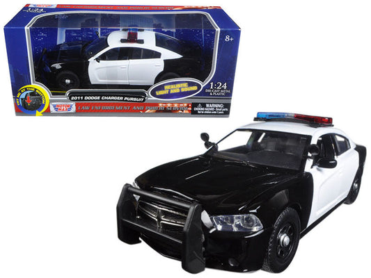 2011 Dodge Charger Pursuit Police Car Black and White with Flashing Light Bar and Front and Rear Lights and 2 Sounds 1/24 Diecast Model Car by Motormax LuxuryLifeWay Online Store