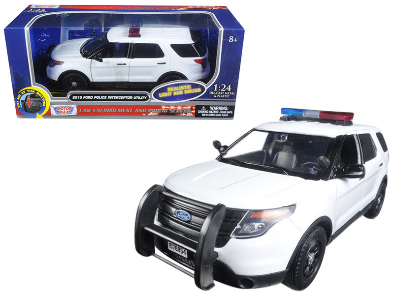 2015 Ford Police Interceptor Utility White with Flashing Light Bar and Front and Rear Lights and 2 Sounds 1/24 Diecast Model Car by Motormax LuxuryLifeWay Online Store