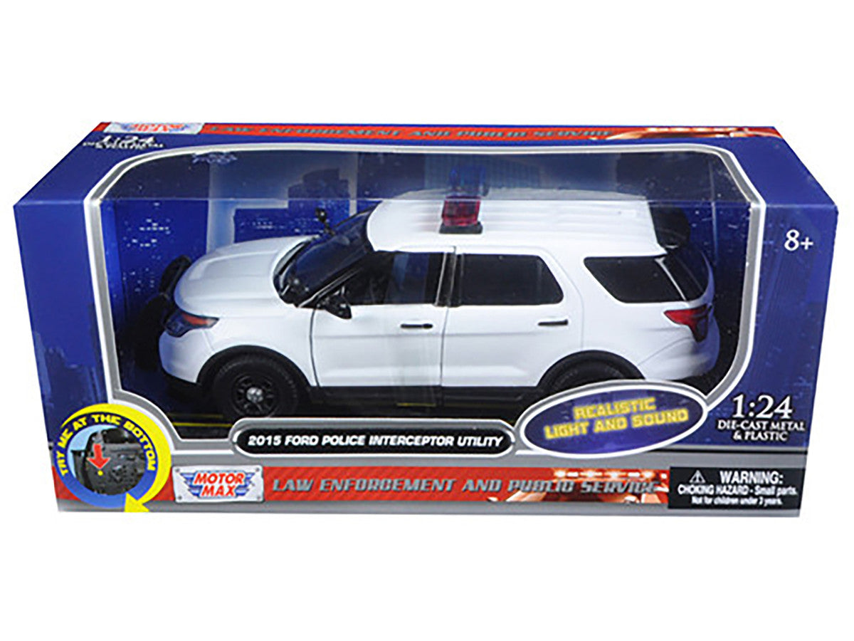 2015 Ford Police Interceptor Utility White with Flashing Light Bar and Front and Rear Lights and 2 Sounds 1/24 Diecast Model Car by Motormax LuxuryLifeWay Online Store
