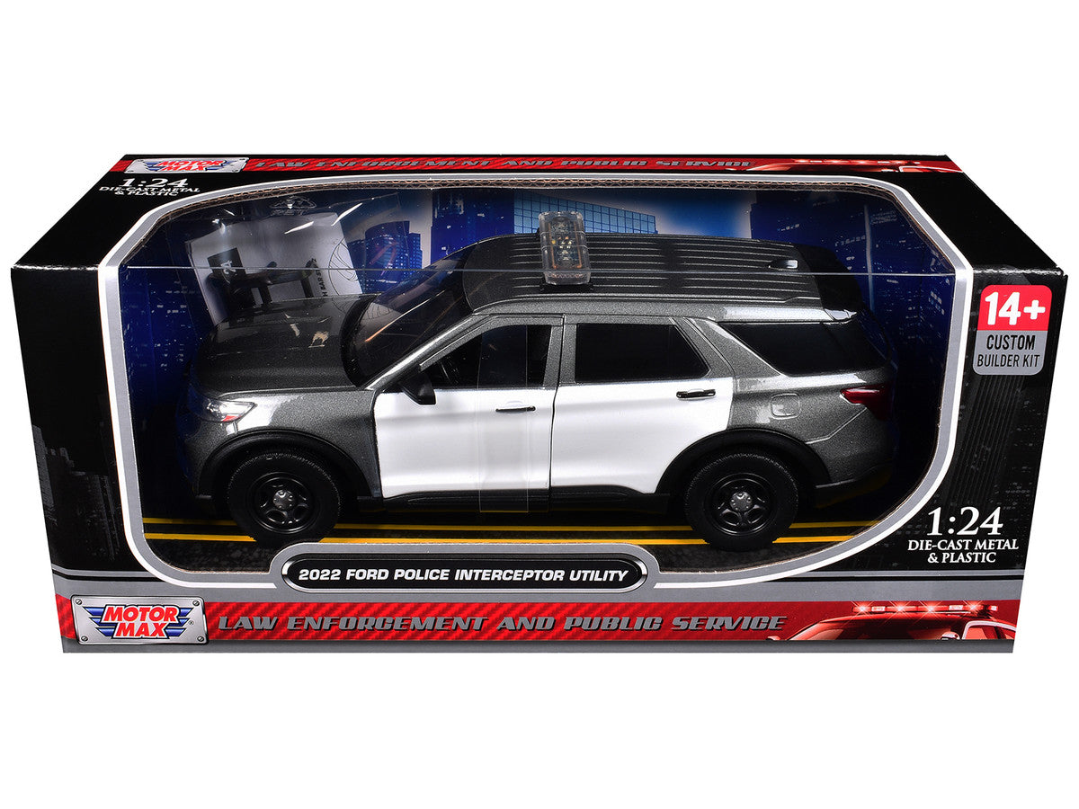 2022 Ford Police Interceptor Utility Gray Metallic with White Doors "Builder's Kit" with Flashing Light Bar and Front and Rear Lights and Sounds 1/24 Diecast Model Car by Motormax LuxuryLifeWay Online Store