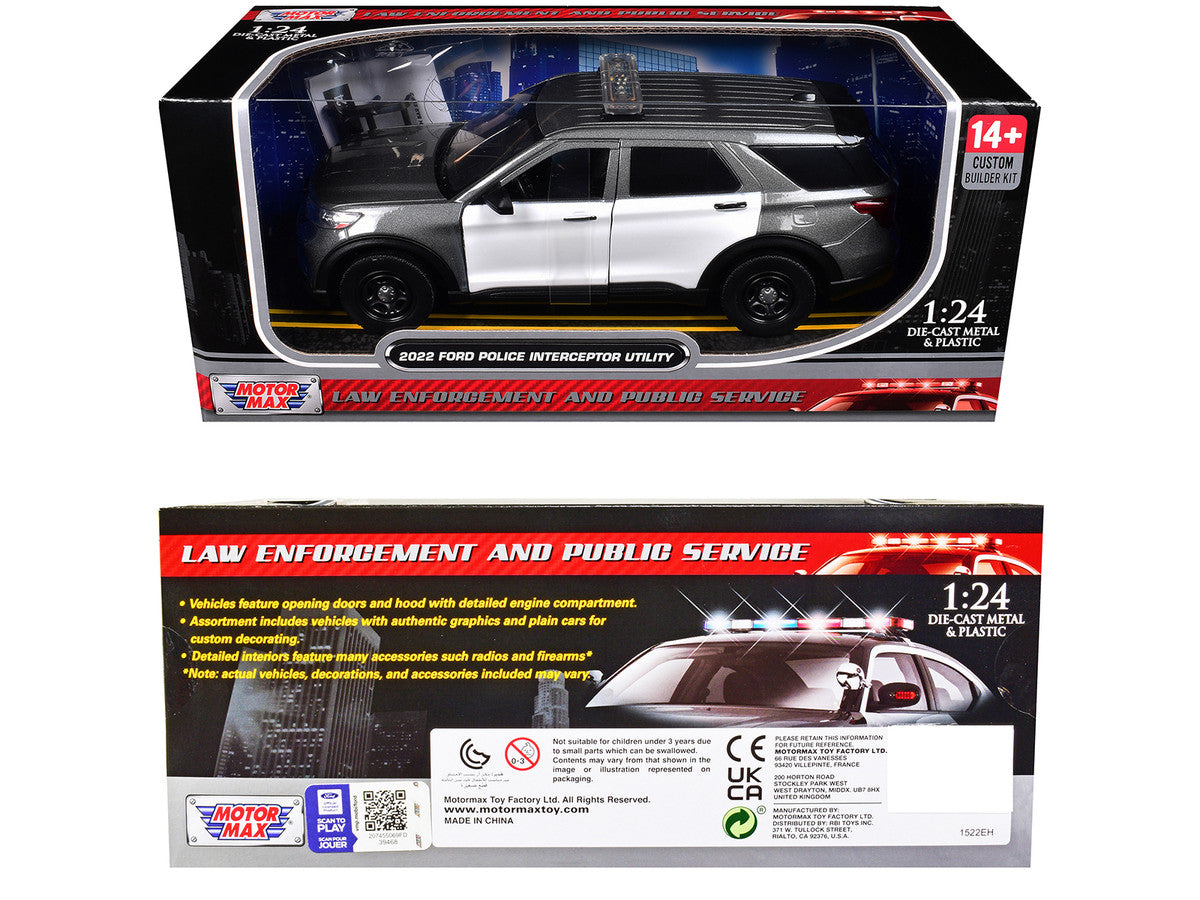 2022 Ford Police Interceptor Utility Gray Metallic with White Doors "Builder's Kit" with Flashing Light Bar and Front and Rear Lights and Sounds 1/24 Diecast Model Car by Motormax LuxuryLifeWay Online Store