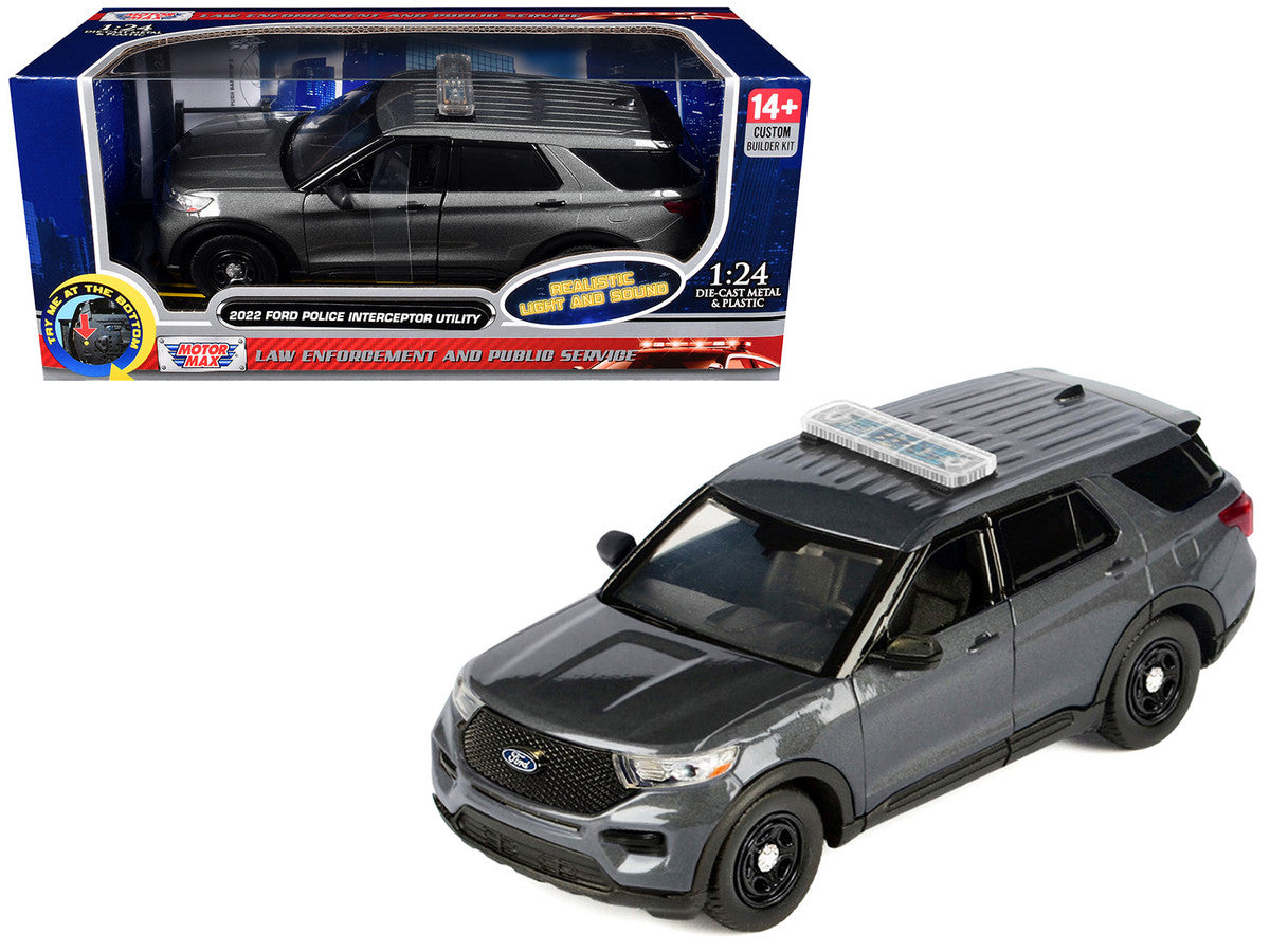 2022 Ford Police Interceptor Utility Dark Gray Metallic "Builder's Kit" with Flashing Light Bar and Front and Rear Lights and Sounds 1/24 Diecast Model Car by Motormax LuxuryLifeWay Online Store
