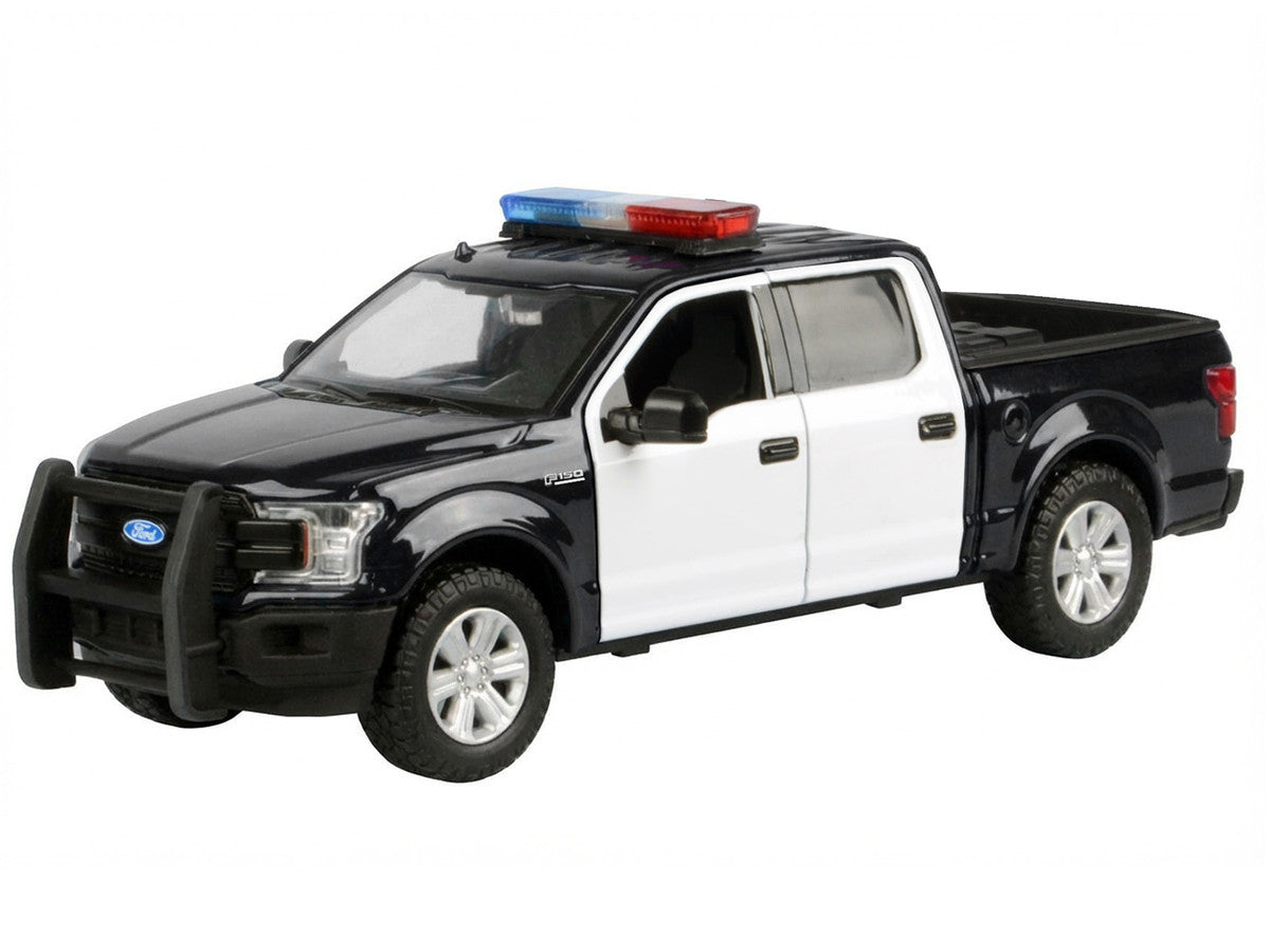 2019 Ford F-150 Lariat Crew Cab Pickup Truck Black and White with Flashing Light Bar and Front and Rear Lights and Sounds 1/27 Diecast Model Car by Motormax LuxuryLifeWay Online Store