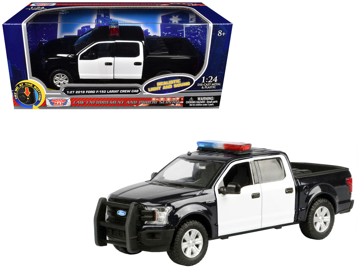 2019 Ford F-150 Lariat Crew Cab Pickup Truck Black and White with Flashing Light Bar and Front and Rear Lights and Sounds 1/27 Diecast Model Car by Motormax LuxuryLifeWay Online Store