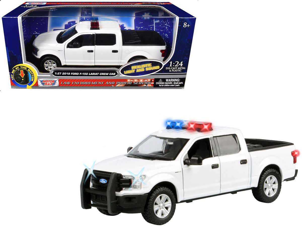 2019 Ford F-150 Lariat Crew Cab Pickup Truck White with Flashing Light Bar and Front and Rear Lights and Sounds 1/27 Diecast Model Car by Motormax LuxuryLifeWay Online Store