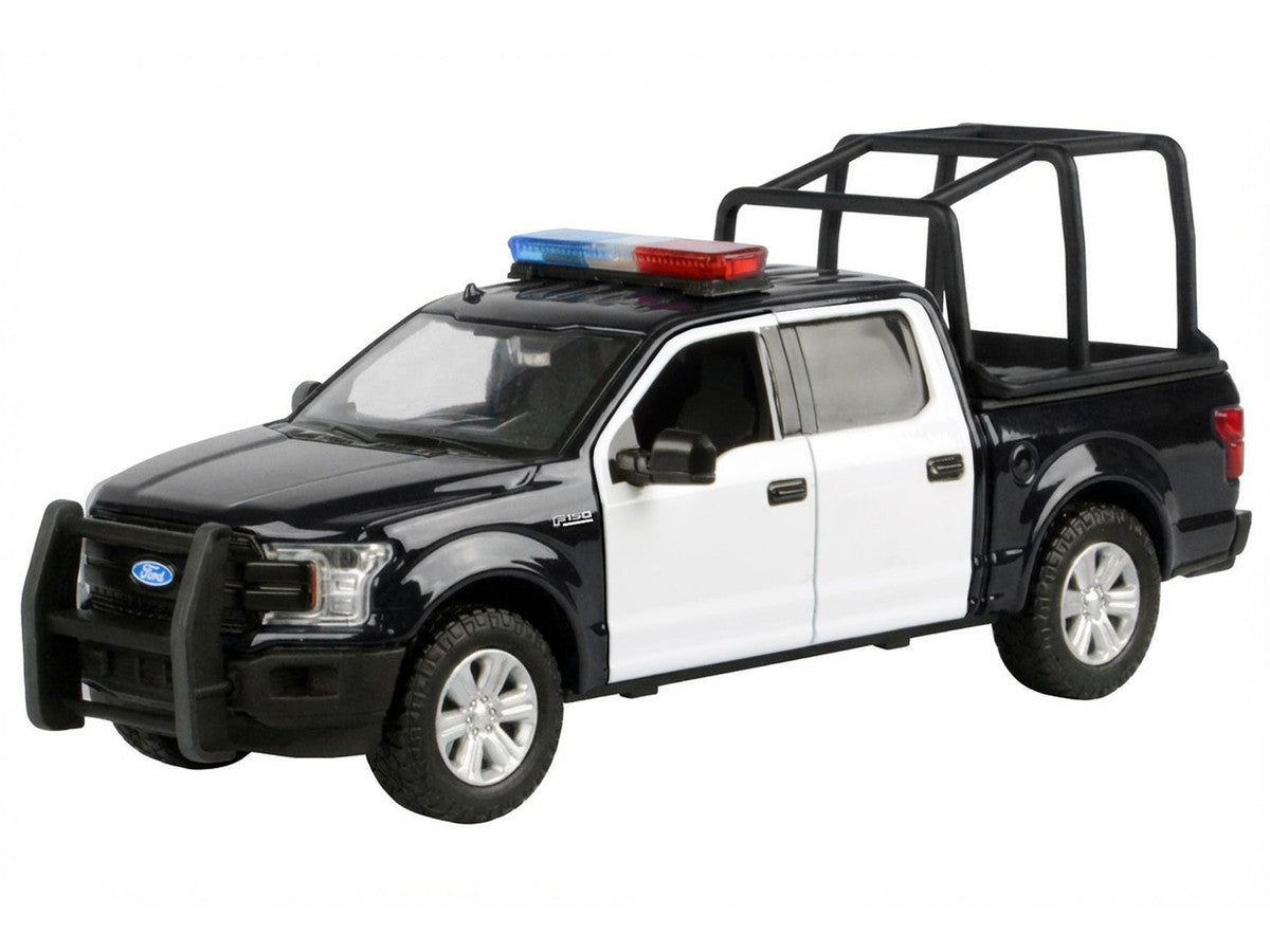 2019 Ford F-150 Lariat Crew Cab Pickup Truck with Bed Cage Black and White with Flashing Light Bar and Front and Rear Lights and Sounds 1/27 Diecast Model Car by Motormax LuxuryLifeWay Online Store