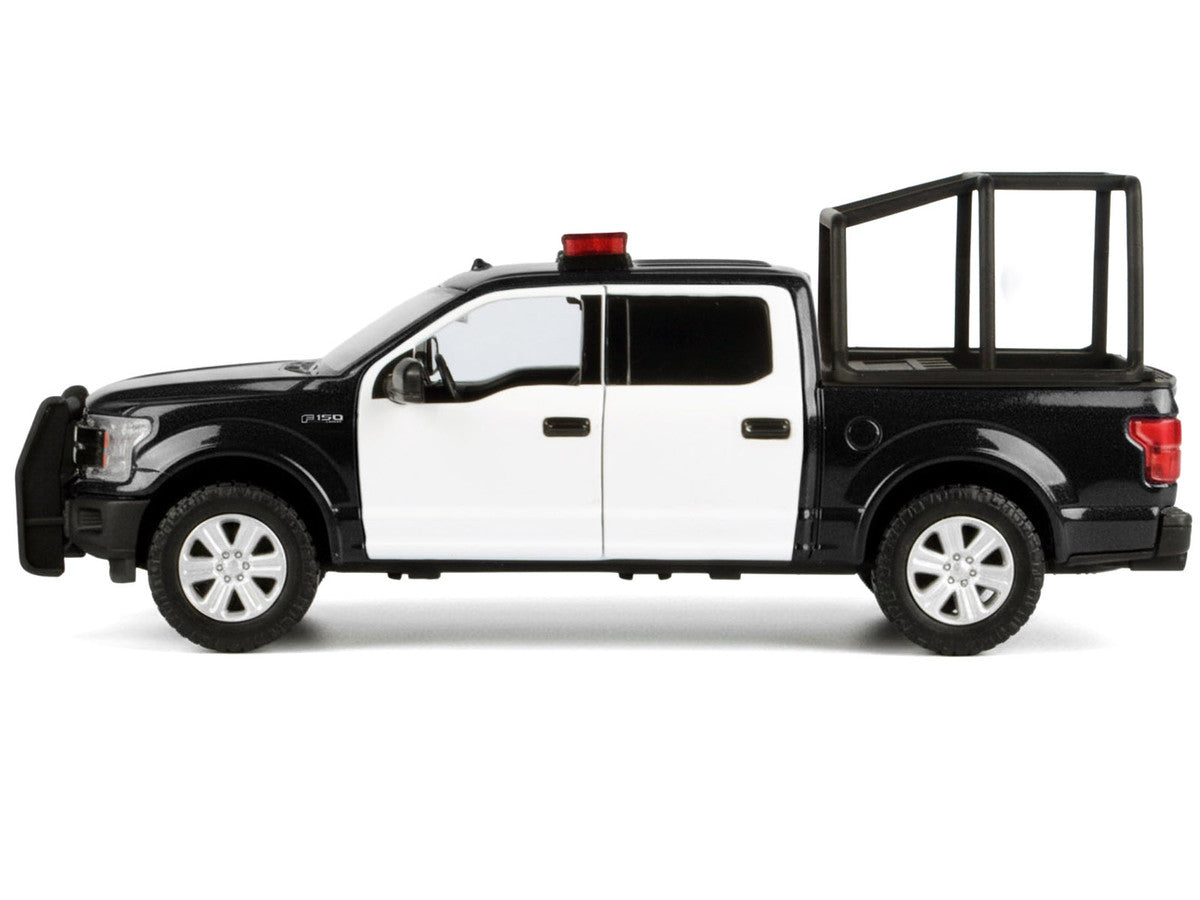 2019 Ford F-150 Lariat Crew Cab Pickup Truck with Bed Cage Black and White with Flashing Light Bar and Front and Rear Lights and Sounds 1/27 Diecast Model Car by Motormax LuxuryLifeWay Online Store