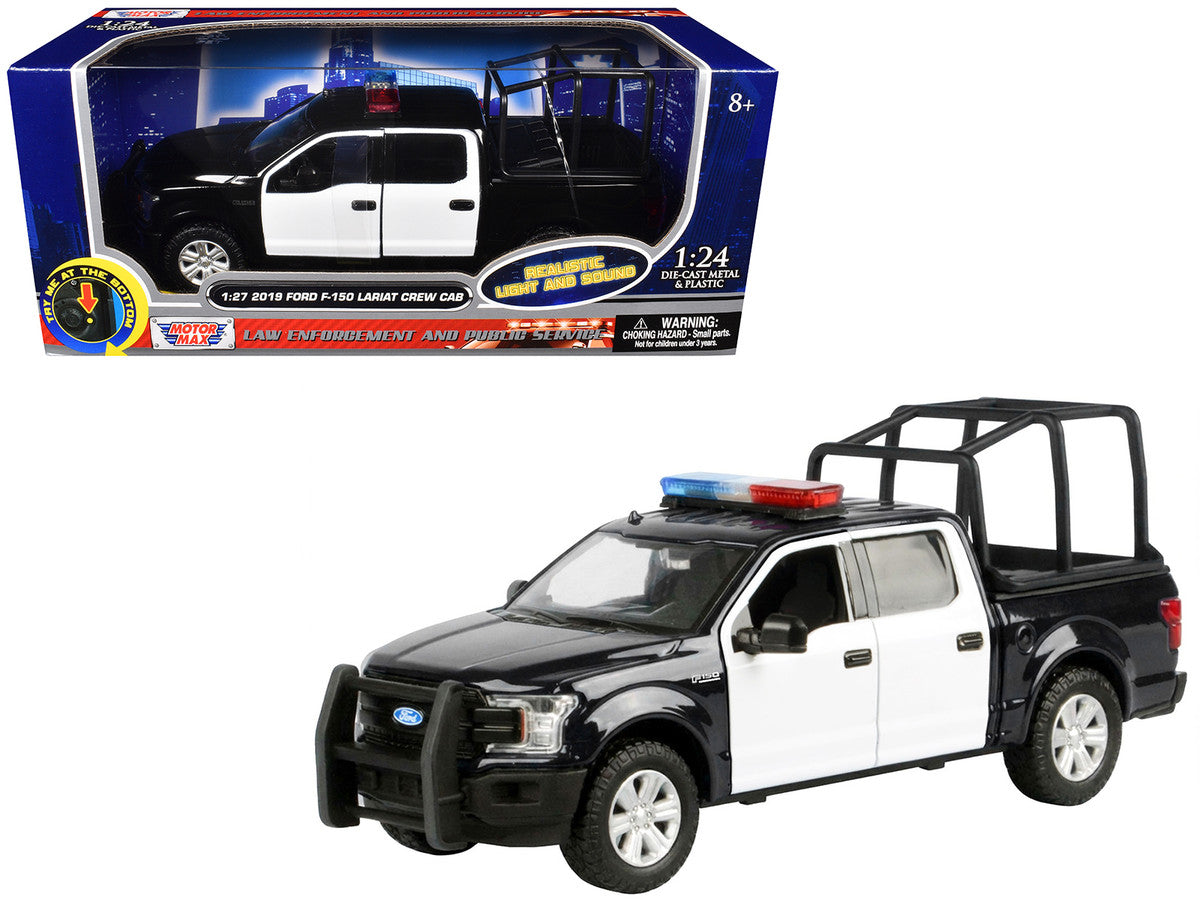 2019 Ford F-150 Lariat Crew Cab Pickup Truck with Bed Cage Black and White with Flashing Light Bar and Front and Rear Lights and Sounds 1/27 Diecast Model Car by Motormax LuxuryLifeWay Online Store