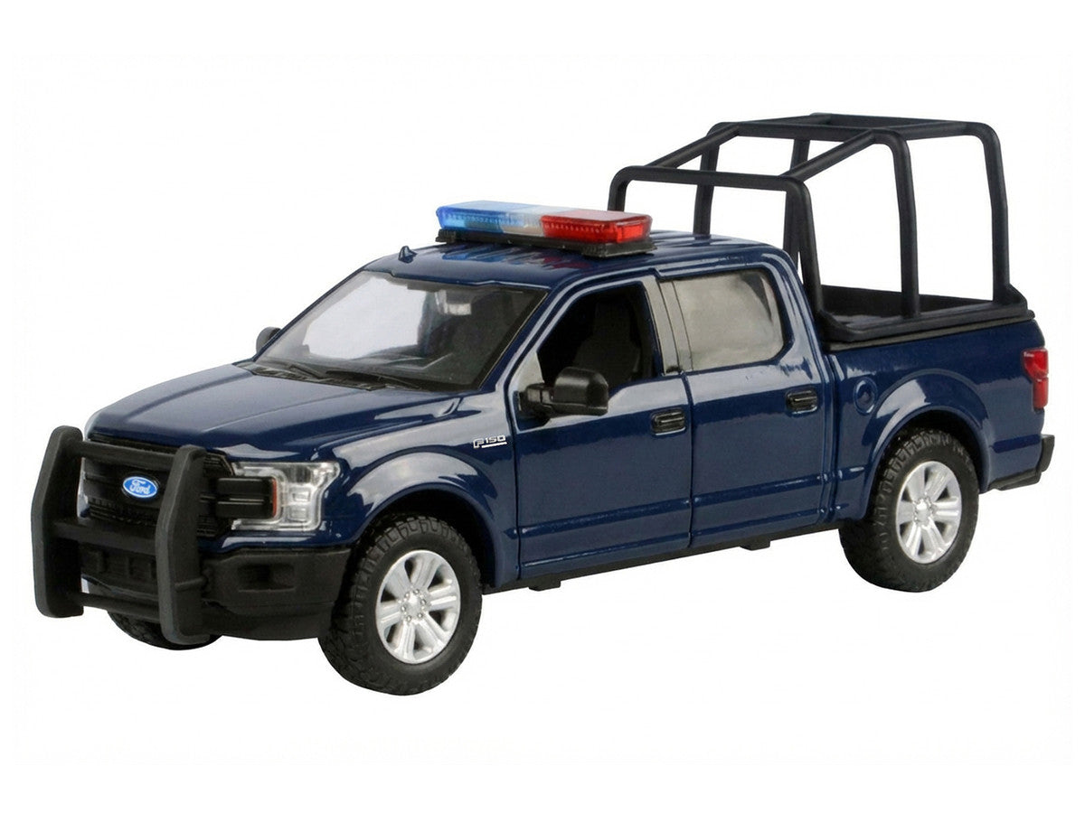 2019 Ford F-150 Lariat Crew Cab Pickup Truck with Bed Cage Dark Blue with Flashing Light Bar and Front and Rear Lights and Sounds 1/27 Diecast Model Car by Motormax LuxuryLifeWay Online Store