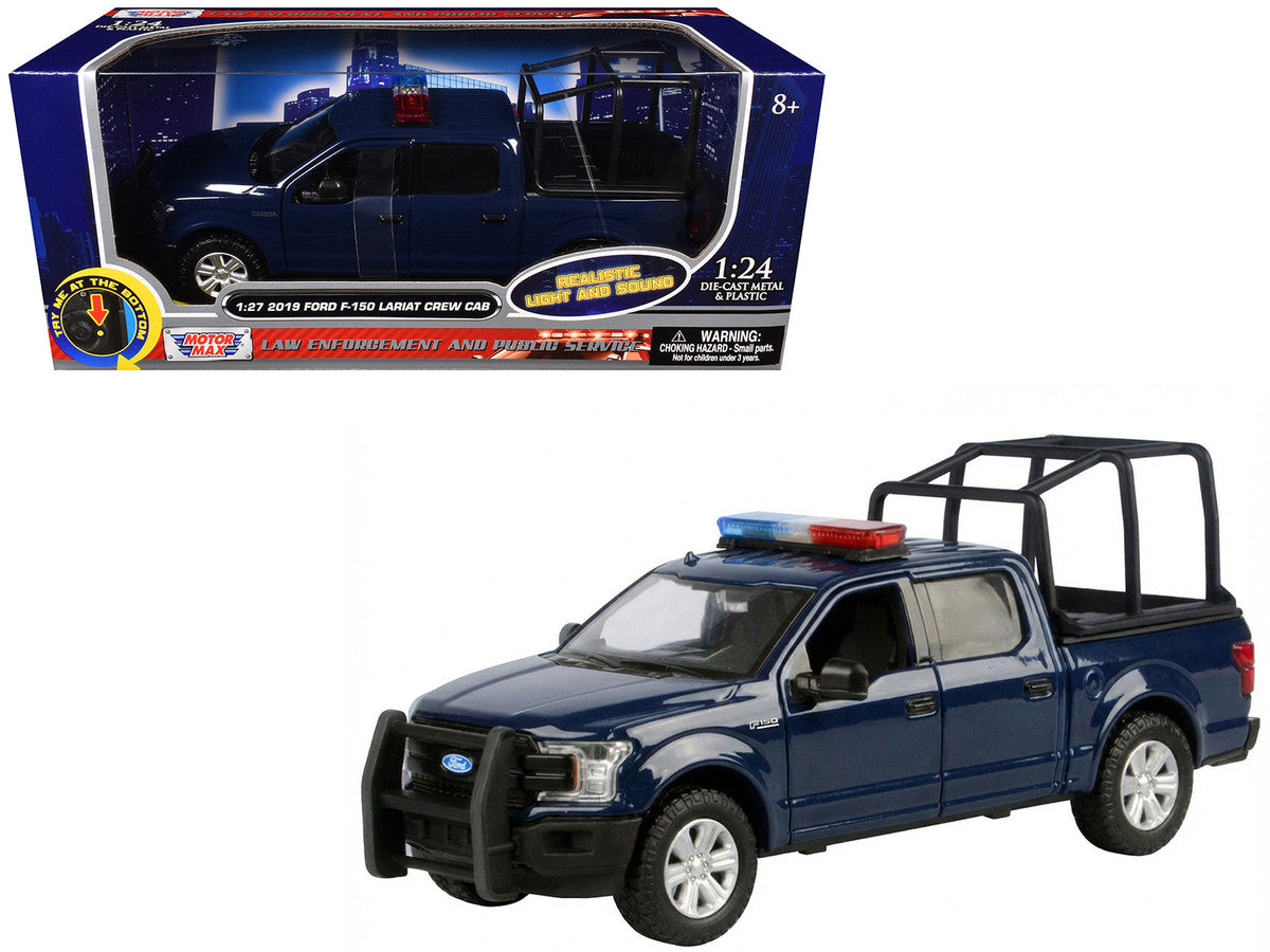 2019 Ford F-150 Lariat Crew Cab Pickup Truck with Bed Cage Dark Blue with Flashing Light Bar and Front and Rear Lights and Sounds 1/27 Diecast Model Car by Motormax LuxuryLifeWay Online Store