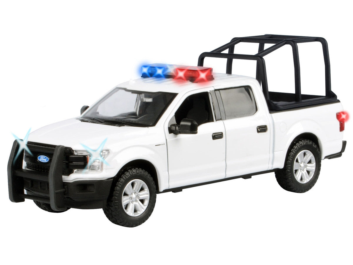 2019 Ford F-150 Lariat Crew Cab Pickup Truck with Bed Cage White with Flashing Light Bar and Front and Rear Lights and Sounds 1/27 Diecast Model Car by Motormax LuxuryLifeWay Online Store