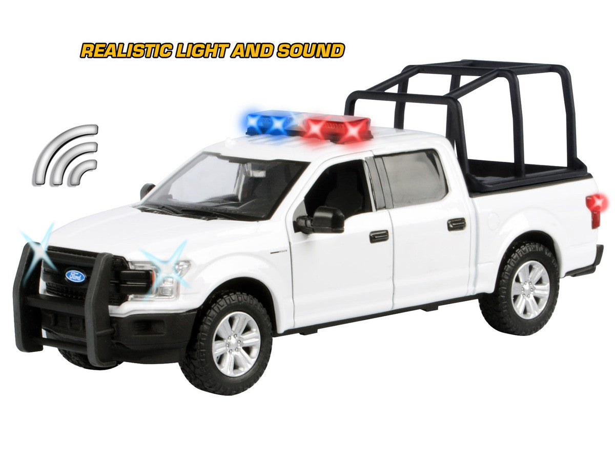 2019 Ford F-150 Lariat Crew Cab Pickup Truck with Bed Cage White with Flashing Light Bar and Front and Rear Lights and Sounds 1/27 Diecast Model Car by Motormax LuxuryLifeWay Online Store