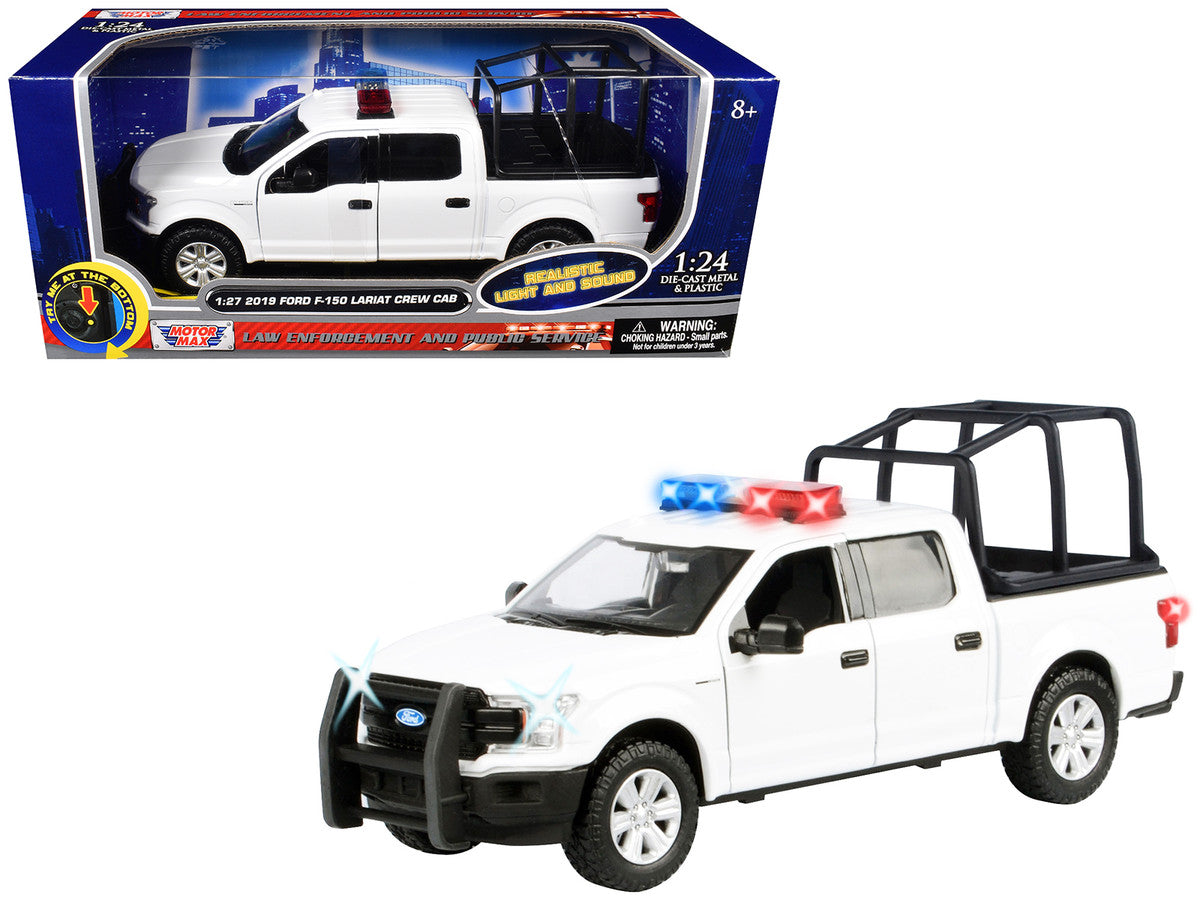 2019 Ford F-150 Lariat Crew Cab Pickup Truck with Bed Cage White with Flashing Light Bar and Front and Rear Lights and Sounds 1/27 Diecast Model Car by Motormax LuxuryLifeWay Online Store
