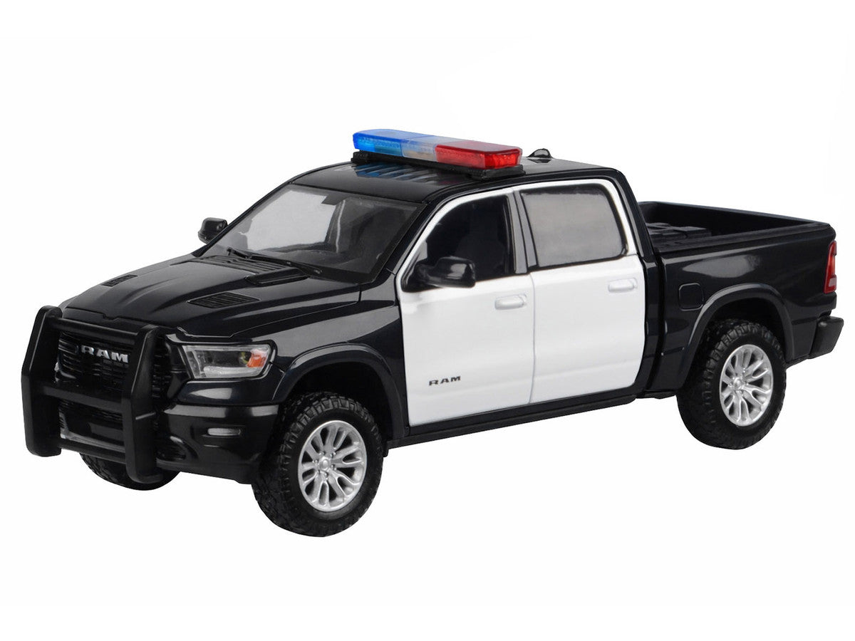 2019 RAM 1500 Laramie Crew Cab Pickup Truck Black and White with Flashing Light Bar and Front and Rear Lights and Sounds 1/27 Diecast Model Car by Motormax LuxuryLifeWay Online Store