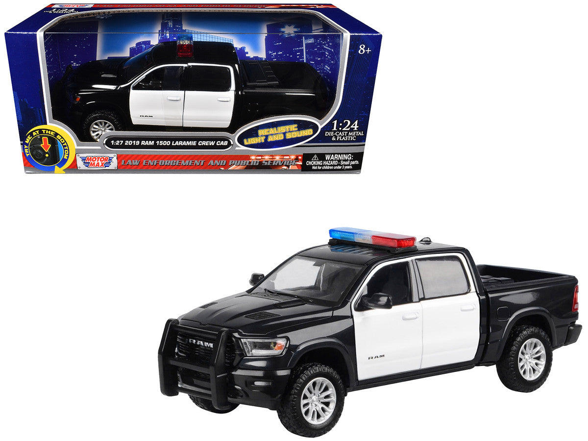 2019 RAM 1500 Laramie Crew Cab Pickup Truck Black and White with Flashing Light Bar and Front and Rear Lights and Sounds 1/27 Diecast Model Car by Motormax LuxuryLifeWay Online Store