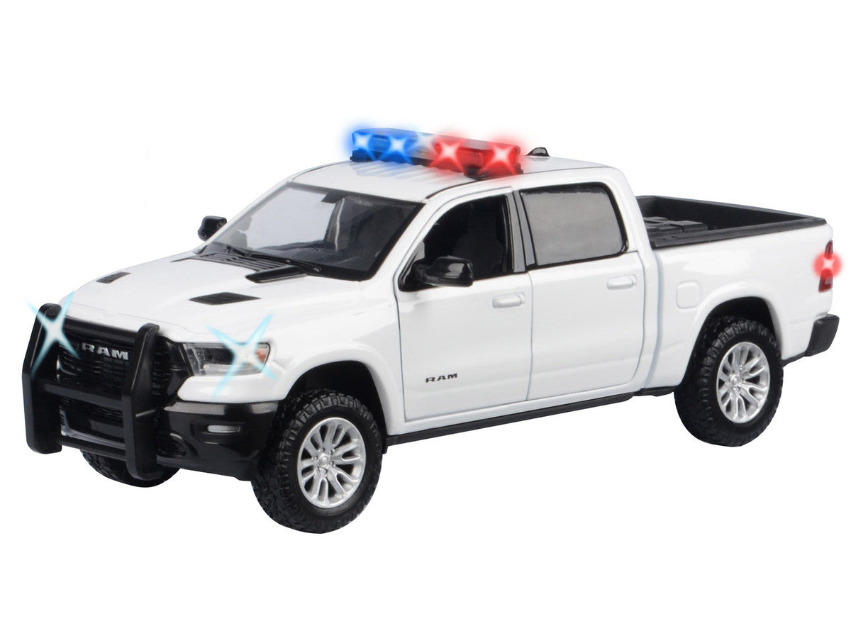 2019 RAM 1500 Laramie Crew Cab Pickup Truck White with Flashing Light Bar and Front and Rear Lights and Sounds 1/27 Diecast Model Car by Motormax LuxuryLifeWay Online Store