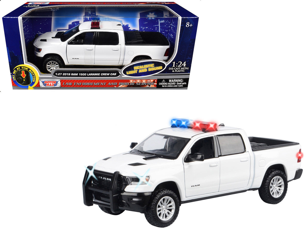 2019 RAM 1500 Laramie Crew Cab Pickup Truck White with Flashing Light Bar and Front and Rear Lights and Sounds 1/27 Diecast Model Car by Motormax LuxuryLifeWay Online Store