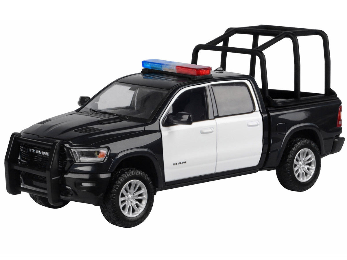2019 RAM 1500 Laramie Crew Cab Pickup Truck with Bed Cage Black and White with Flashing Light Bar and Front and Rear Lights and Sounds 1/27 Diecast Model Car by Motormax LuxuryLifeWay Online Store