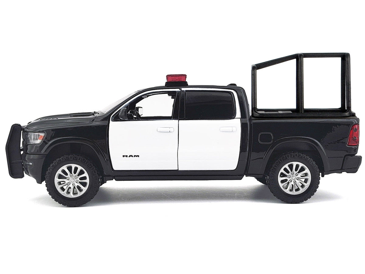 2019 RAM 1500 Laramie Crew Cab Pickup Truck with Bed Cage Black and White with Flashing Light Bar and Front and Rear Lights and Sounds 1/27 Diecast Model Car by Motormax LuxuryLifeWay Online Store