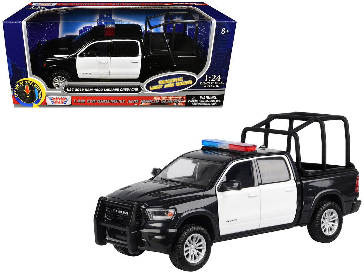 2019 RAM 1500 Laramie Crew Cab Pickup Truck with Bed Cage Black and White with Flashing Light Bar and Front and Rear Lights and Sounds 1/27 Diecast Model Car by Motormax LuxuryLifeWay Online Store