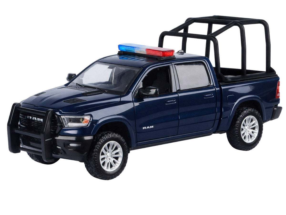 2019 RAM 1500 Laramie Crew Cab Pickup Truck with Bed Cage Dark Blue with Flashing Light Bar and Front and Rear Lights and Sounds 1/27 Diecast Model Car by Motormax LuxuryLifeWay Online Store