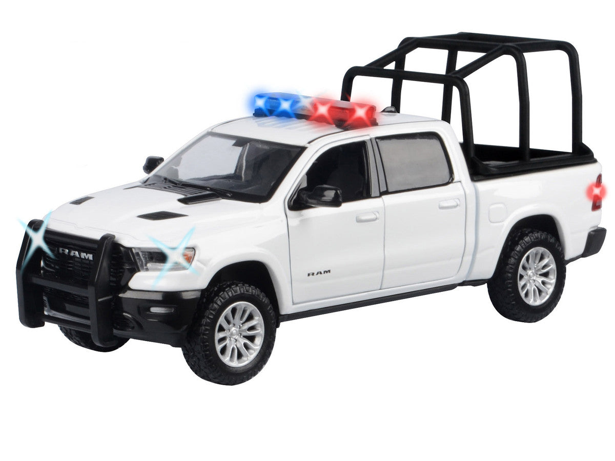2019 RAM 1500 Laramie Crew Cab Pickup Truck with Bed Cage White with Flashing Light Bar and Front and Rear Lights and Sounds 1/27 Diecast Model Car by Motormax LuxuryLifeWay Online Store