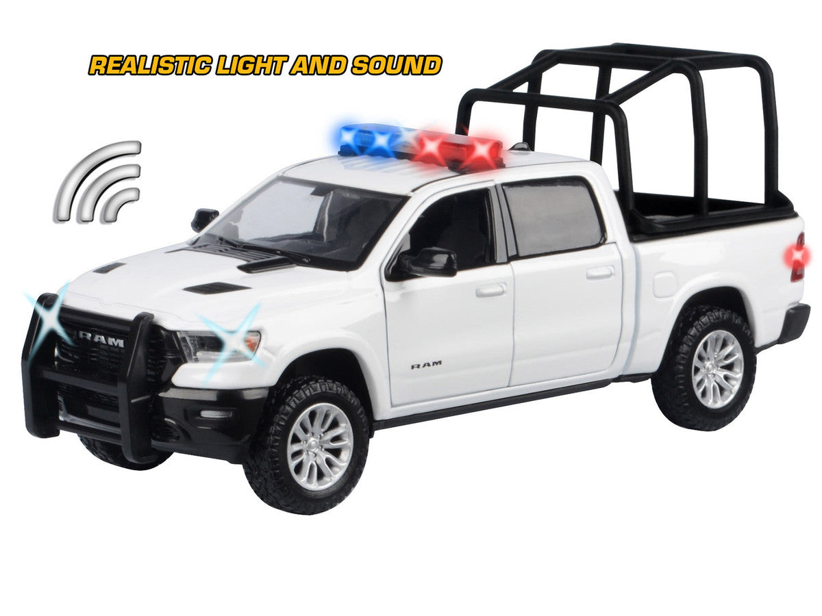 2019 RAM 1500 Laramie Crew Cab Pickup Truck with Bed Cage White with Flashing Light Bar and Front and Rear Lights and Sounds 1/27 Diecast Model Car by Motormax LuxuryLifeWay Online Store