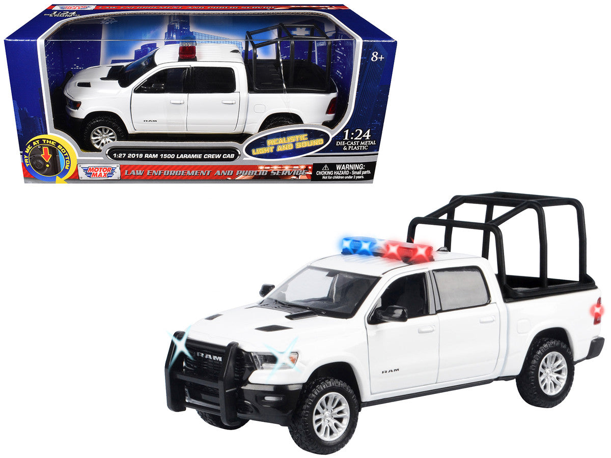 2019 RAM 1500 Laramie Crew Cab Pickup Truck with Bed Cage White with Flashing Light Bar and Front and Rear Lights and Sounds 1/27 Diecast Model Car by Motormax LuxuryLifeWay Online Store