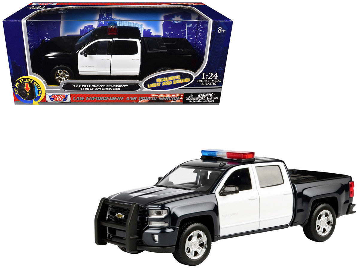 2017 Chevrolet Silverado 1500 LT Z71 Crew Cab Pickup Truck Black and White with Flashing Light Bar and Front and Rear Lights and Sounds 1/27 Diecast Model Car by Motormax LuxuryLifeWay Online Store