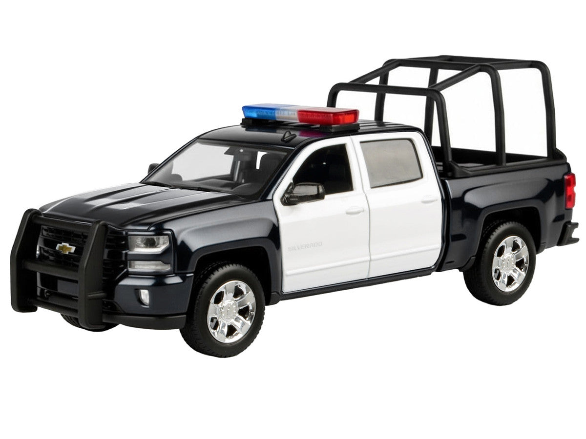 2017 Chevrolet Silverado 1500 LT Z71 Crew Cab Pickup Truck with Bed Cage Black and White with Flashing Light Bar and Front and Rear Lights and Sounds 1/27 Diecast Model Car by Motormax LuxuryLifeWay Online Store
