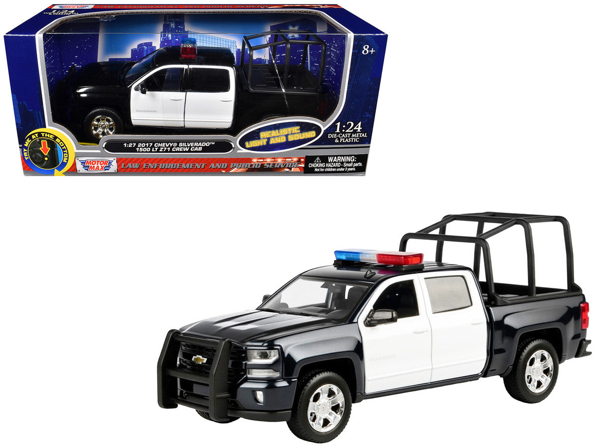 2017 Chevrolet Silverado 1500 LT Z71 Crew Cab Pickup Truck with Bed Cage Black and White with Flashing Light Bar and Front and Rear Lights and Sounds 1/27 Diecast Model Car by Motormax LuxuryLifeWay Online Store