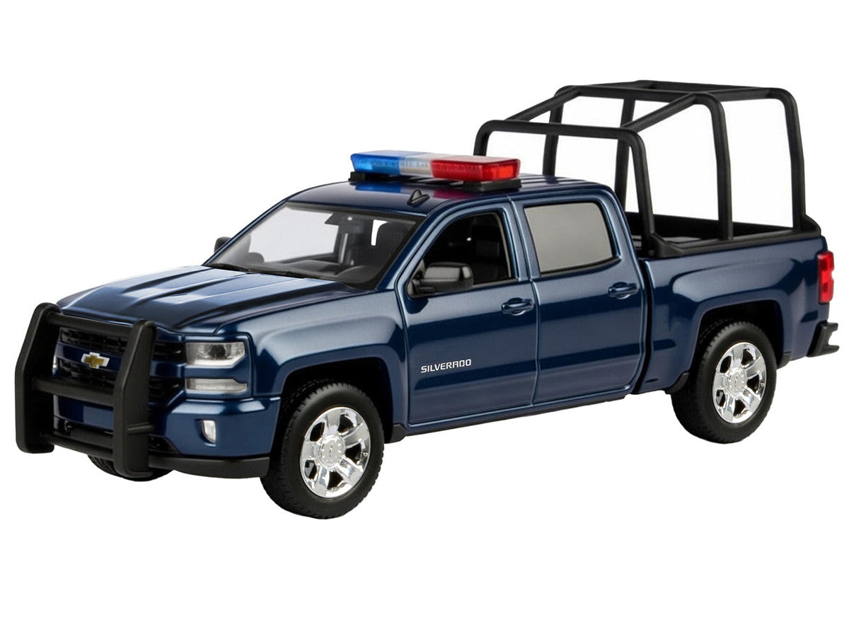 2017 Chevrolet Silverado 1500 LT Z71 Crew Cab Pickup Truck with Bed Cage Dark Blue with Flashing Light Bar and Front and Rear Lights and Sounds 1/27 Diecast Model Car by Motormax LuxuryLifeWay Online Store