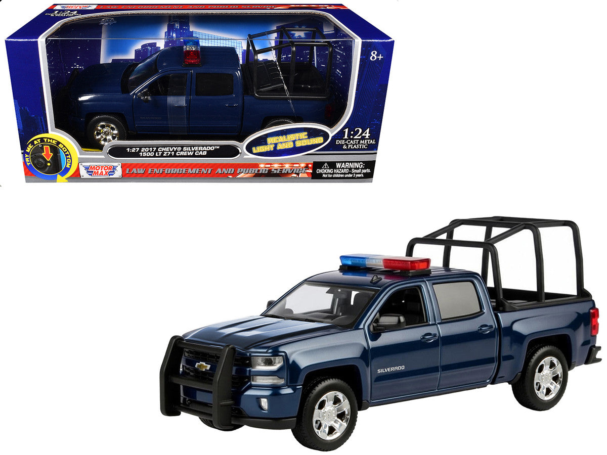 2017 Chevrolet Silverado 1500 LT Z71 Crew Cab Pickup Truck with Bed Cage Dark Blue with Flashing Light Bar and Front and Rear Lights and Sounds 1/27 Diecast Model Car by Motormax LuxuryLifeWay Online Store