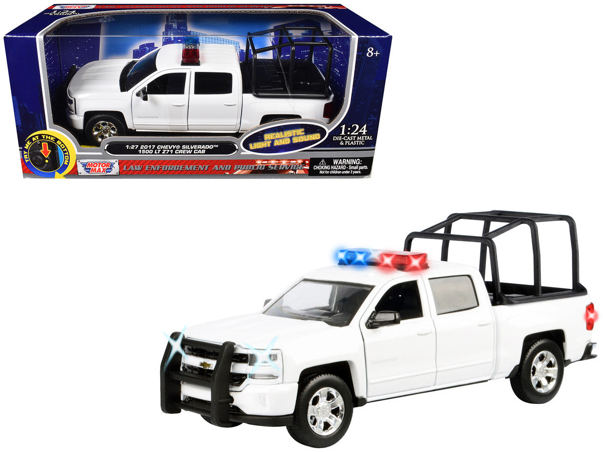 2017 Chevrolet Silverado 1500 LT Z71 Crew Cab Pickup Truck with White with Flashing Light Bar and Front and Rear Lights and Sounds 1/27 Diecast Model Car by Motormax LuxuryLifeWay Online Store