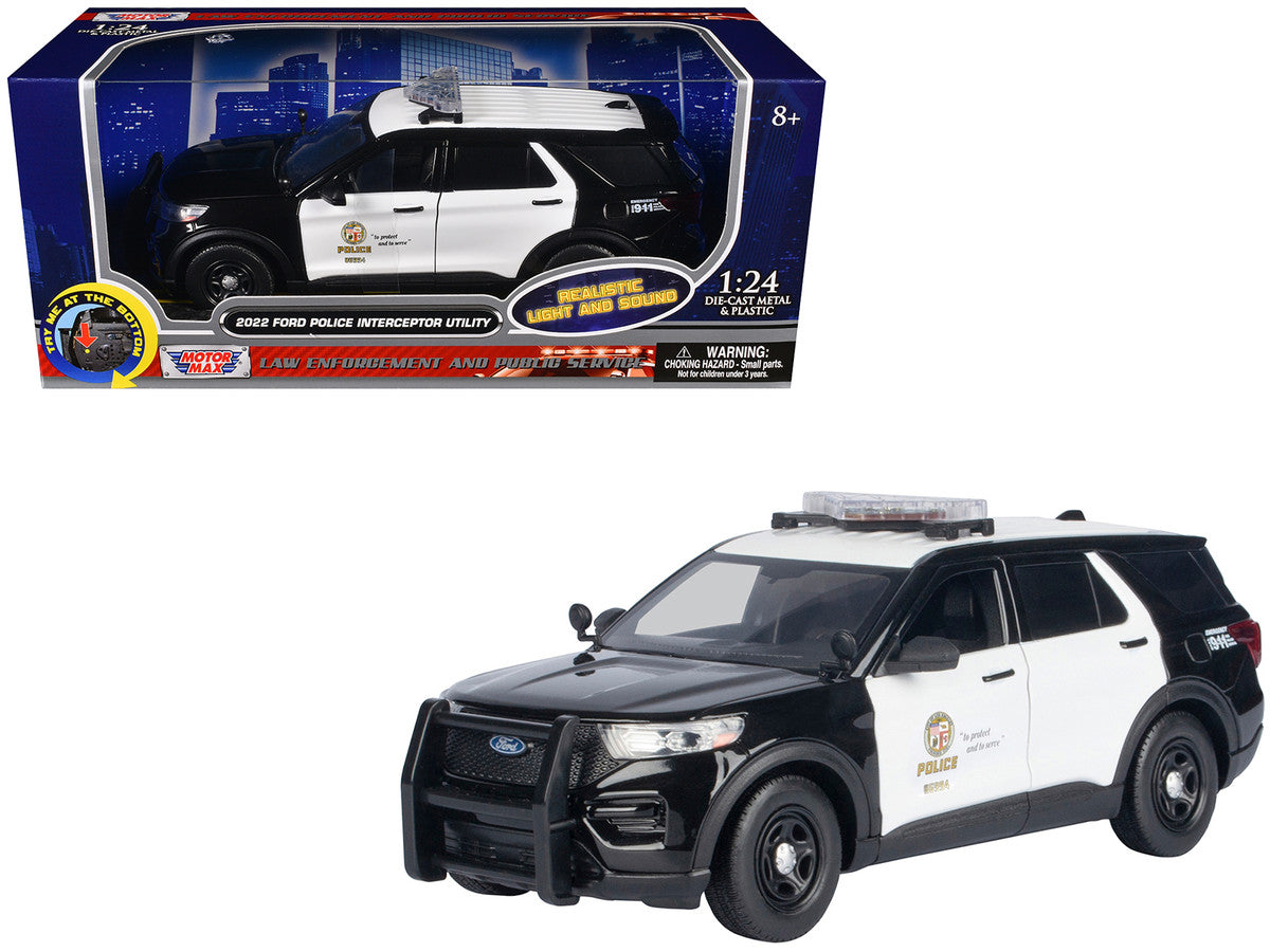 2022 Ford Police Interceptor Utility Black and White "Los Angeles Police Department (LAPD)" with Flashing Light Bar and Front and Rear Lights and Sounds 1/24 Diecast Model Car by Motormax LuxuryLifeWay Online Store
