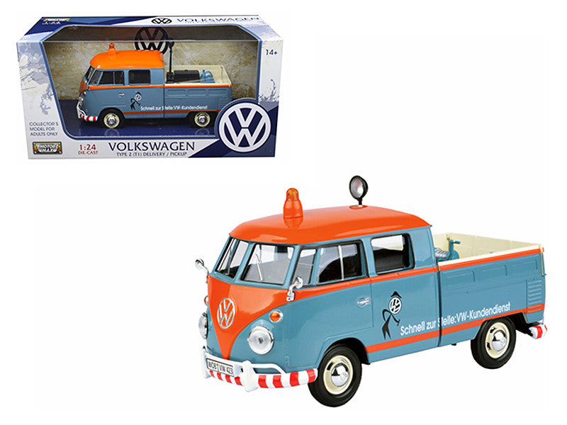 Volkswagen Type 2 (T1) Delivery Service Pickup Truck Blue and Orange "VW-Kundendienst" 1/24 Diecast Model Car by Motormax LuxuryLifeWay Online Store