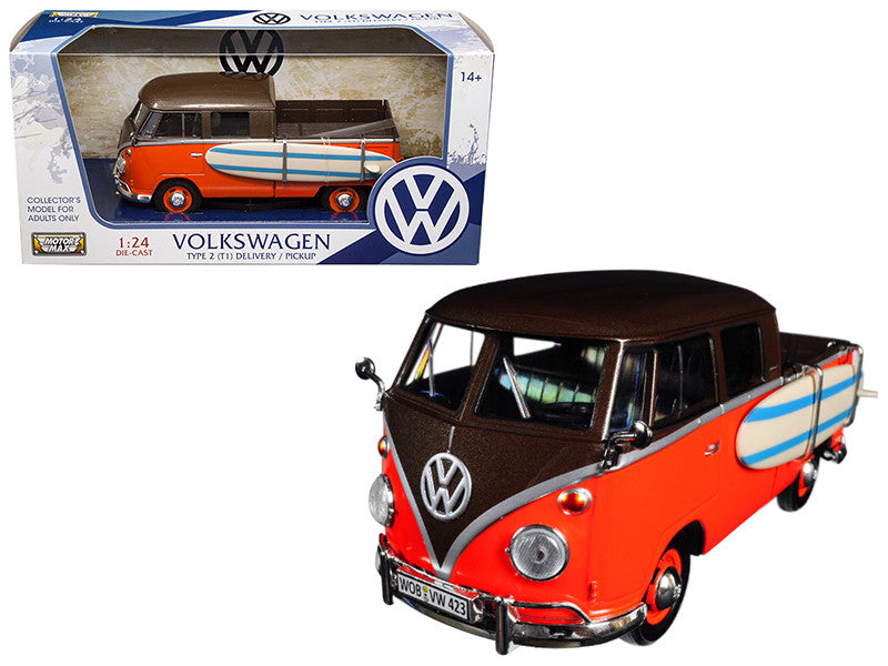 Volkswagen Type 2 (T1) Pickup with Surfboard Brown and Orange 1/24 Diecast Model Car by Motormax LuxuryLifeWay Online Store