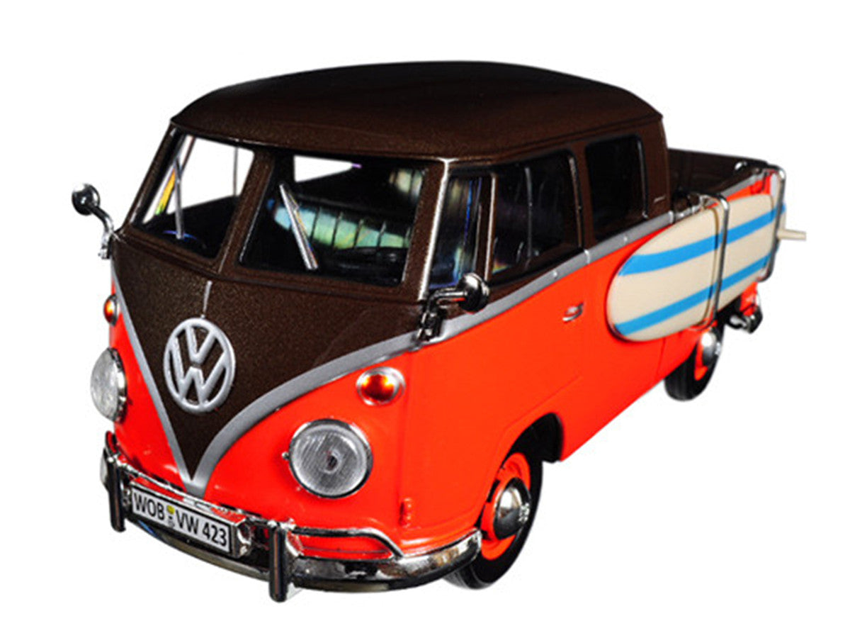 Volkswagen Type 2 (T1) Pickup with Surfboard Brown and Orange 1/24 Diecast Model Car by Motormax LuxuryLifeWay Online Store