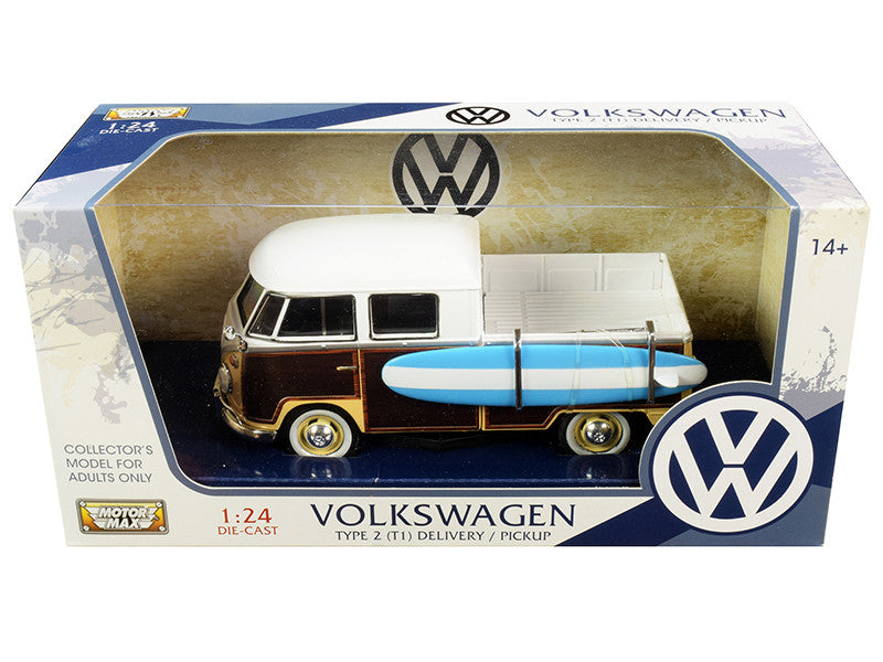 Volkswagen Type 2 (T1) Pickup White and Yellow with Wood Paneling with Surfboard 1/24 Diecast Model Car by Motormax LuxuryLifeWay Online Store