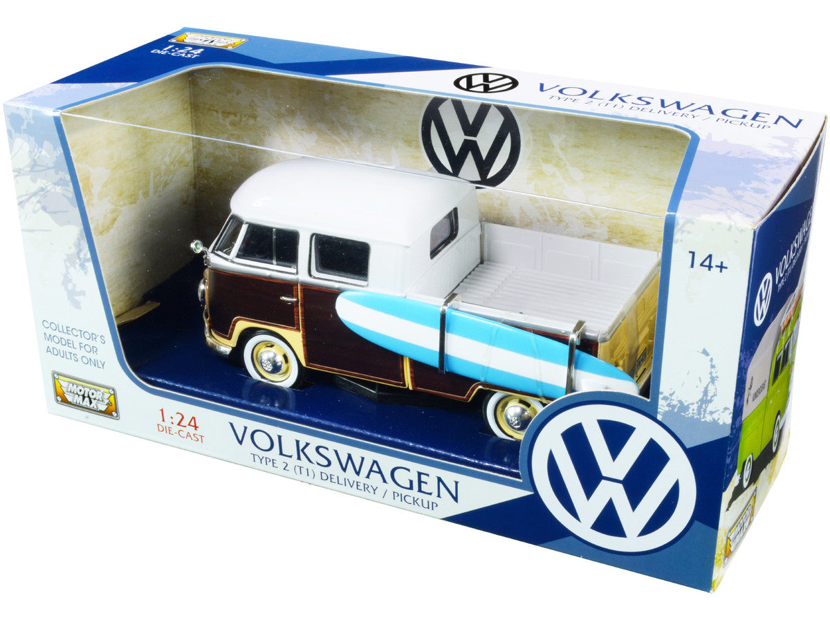 Volkswagen Type 2 (T1) Pickup White and Yellow with Wood Paneling with Surfboard 1/24 Diecast Model Car by Motormax LuxuryLifeWay Online Store