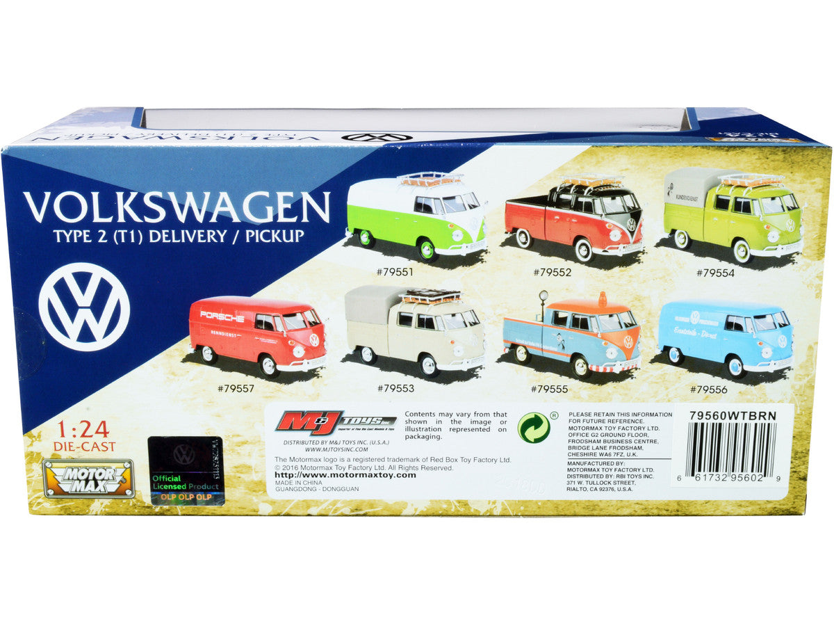 Volkswagen Type 2 (T1) Pickup White and Yellow with Wood Paneling with Surfboard 1/24 Diecast Model Car by Motormax LuxuryLifeWay Online Store
