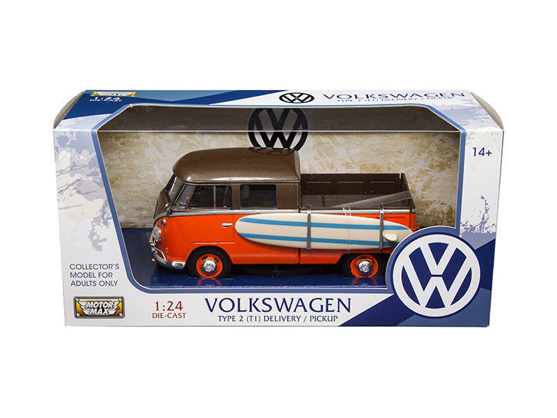 Volkswagen Type 2 (T1) Pickup with Surfboard Brown and Orange 1/24 Diecast Model Car by Motormax LuxuryLifeWay Online Store
