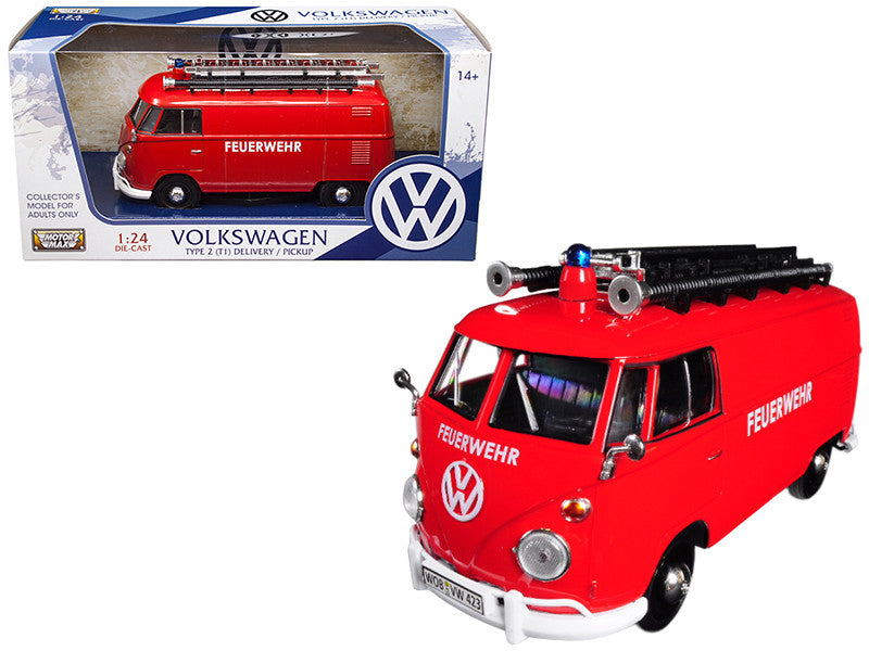 Volkswagen Type 2 (T1) Fire Van "Feuerwehr" Red 1/24 Diecast Model Car by Motormax LuxuryLifeWay Online Store