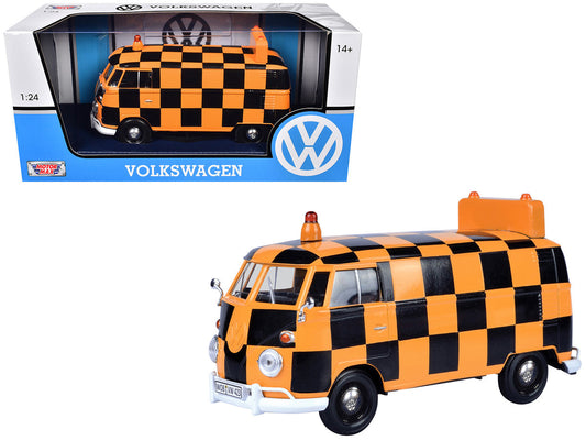 Volkswagen Type 2 (T1) Airport Runway Delivery Van Black and Orange Checkered 1/24 Diecast Model Car by Motormax LuxuryLifeWay Online Store