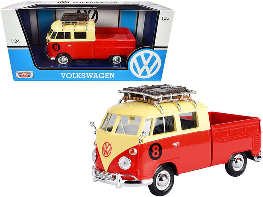 Volkswagen Type 2 (T1) #8 Pickup Truck with Roof Rack and Luggage Red and Yellow 1/24 Diecast Model Car by Motormax LuxuryLifeWay Online Store