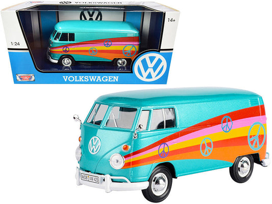 Volkswagen Type 2 (T1) Delivery Van "Peace" Turquoise Metallic 1/24 Diecast Model Car by Motormax LuxuryLifeWay Online Store