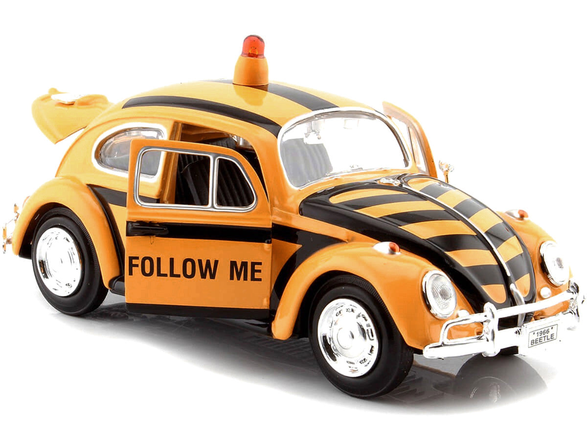 1966 Volkswagen Beetle "Follow Me" Airport Safety Vehicle Yellow with Black Stripes 1/24 Diecast Model Car by Motormax LuxuryLifeWay Online Store