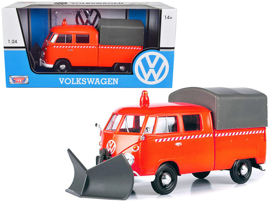 Volkswagen Type 2 (T1) Pickup Truck Orange with Snow Plow and Camper Shell 1/24 Diecast Model Car by Motormax LuxuryLifeWay Online Store