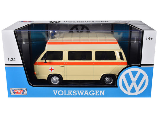 Volkswagen Type 2 (T3) High Roof Ambulance Cream with Orange Stripes 1/24 Diecast Model Car by Motormax LuxuryLifeWay Online Store